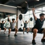 A dynamic scene showcasing a fitness enthusiast performing various barbell movements in a modern gym setting. In the foreground, a person in professional athletic attire executes a deadlift, emphasizing proper form and strength. In the middle, two other individuals engage in a barbell overhead press and a squat, demonstrating a range of barbell exercises. The background features gym equipment, mirrors, and natural light streaming through large windows, creating an energetic atmosphere. Use a slightly low-angle perspective to accentuate the power of the barbell movements. The lighting should be bright and focused, enhancing the determination and focus on the individuals while casting soft shadows to add depth. The overall mood should convey motivation and a sense of accomplishment in strength training.