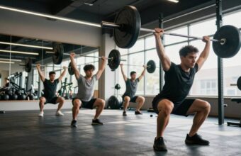 A dynamic scene showcasing a fitness enthusiast performing various barbell movements in a modern gym setting. In the foreground, a person in professional athletic attire executes a deadlift, emphasizing proper form and strength. In the middle, two other individuals engage in a barbell overhead press and a squat, demonstrating a range of barbell exercises. The background features gym equipment, mirrors, and natural light streaming through large windows, creating an energetic atmosphere. Use a slightly low-angle perspective to accentuate the power of the barbell movements. The lighting should be bright and focused, enhancing the determination and focus on the individuals while casting soft shadows to add depth. The overall mood should convey motivation and a sense of accomplishment in strength training.