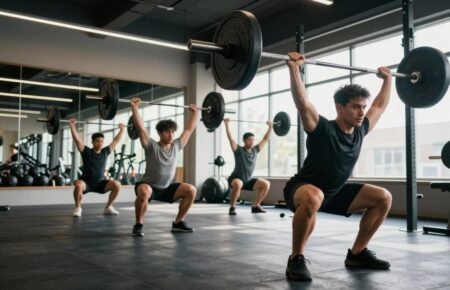 A dynamic scene showcasing a fitness enthusiast performing various barbell movements in a modern gym setting. In the foreground, a person in professional athletic attire executes a deadlift, emphasizing proper form and strength. In the middle, two other individuals engage in a barbell overhead press and a squat, demonstrating a range of barbell exercises. The background features gym equipment, mirrors, and natural light streaming through large windows, creating an energetic atmosphere. Use a slightly low-angle perspective to accentuate the power of the barbell movements. The lighting should be bright and focused, enhancing the determination and focus on the individuals while casting soft shadows to add depth. The overall mood should convey motivation and a sense of accomplishment in strength training.