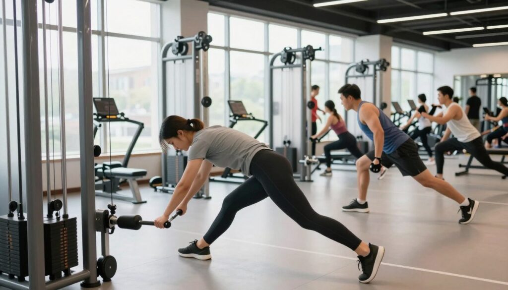 A fitness scene capturing a cable machine being used for glute exercises, specifically kickbacks. In the foreground, a focused individual in modest athletic wear is performing a kickback, with proper form highlighted—one leg extended back against the cable resistance while holding onto the machine for balance. In the middle ground, various cable machines are visible, showcasing different glute exercises being performed by diverse individuals of different ages and genders, all dressed in professional gym attire. The background features a bright, modern gym interior with large windows letting in natural light, creating an energetic and motivating atmosphere. The image is shot from a slightly elevated angle to encompass both action and environment, emphasizing the workout's intensity and professionalism. The lighting is bright but soft, enhancing the sense of health and fitness.