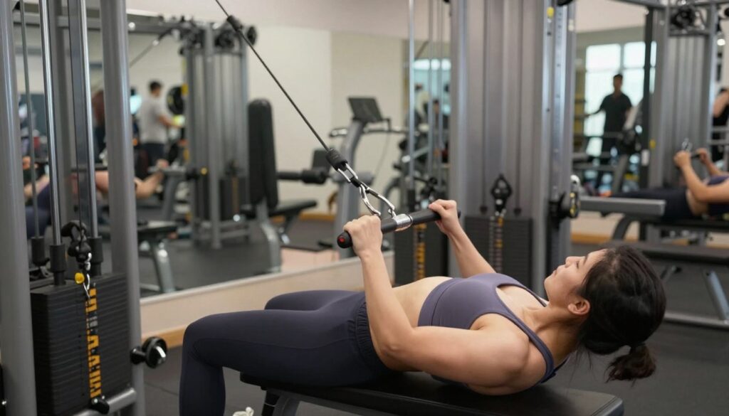 A focused gym scene showcasing core strengthening with cable resistance. In the foreground, a fit individual in modest athletic wear demonstrates a cable machine exercise that targets the abdominal muscles, showcasing proper form. The middle ground features a well-equipped gym environment with multiple cable machines, emphasizing versatility and strength training. In the background, soft-focused gym equipment and a mirror reflect the exercise area, enhancing depth. Bright, even lighting highlights the subject's physique and the textures of the cables and weights, creating an energetic atmosphere. The angle captures dynamic movement, emphasizing the intensity of the workout, inspiring a sense of motivation and commitment to fitness.