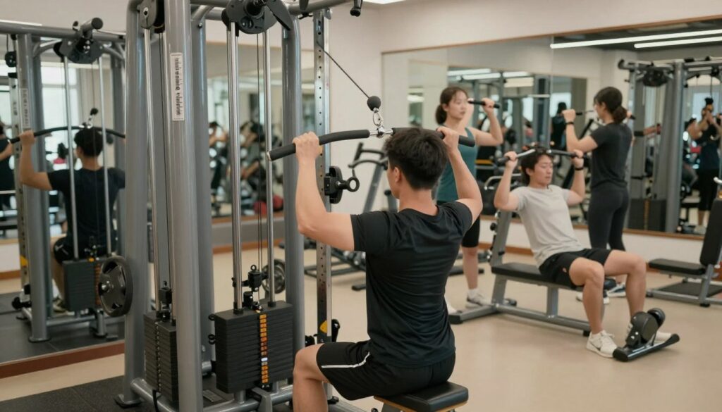 A well-equipped gym featuring a cable machine as the focal point. In the foreground, a person wearing professional athletic attire demonstrates proper form while performing cable machine exercises, focusing on injury prevention. The middle ground showcases other gym-goers using the equipment safely, with visible safety features like padded grips and adjustable weights. The background displays a clean and well-lit gym environment with mirrors reflecting the exercises taking place, emphasizing a focus on safety and proper technique. Soft, natural lighting highlights the subjects, creating an atmosphere of motivation and discipline. The camera angle is slightly elevated, capturing the action and safety protocols in practice without any distractions or text overlays.