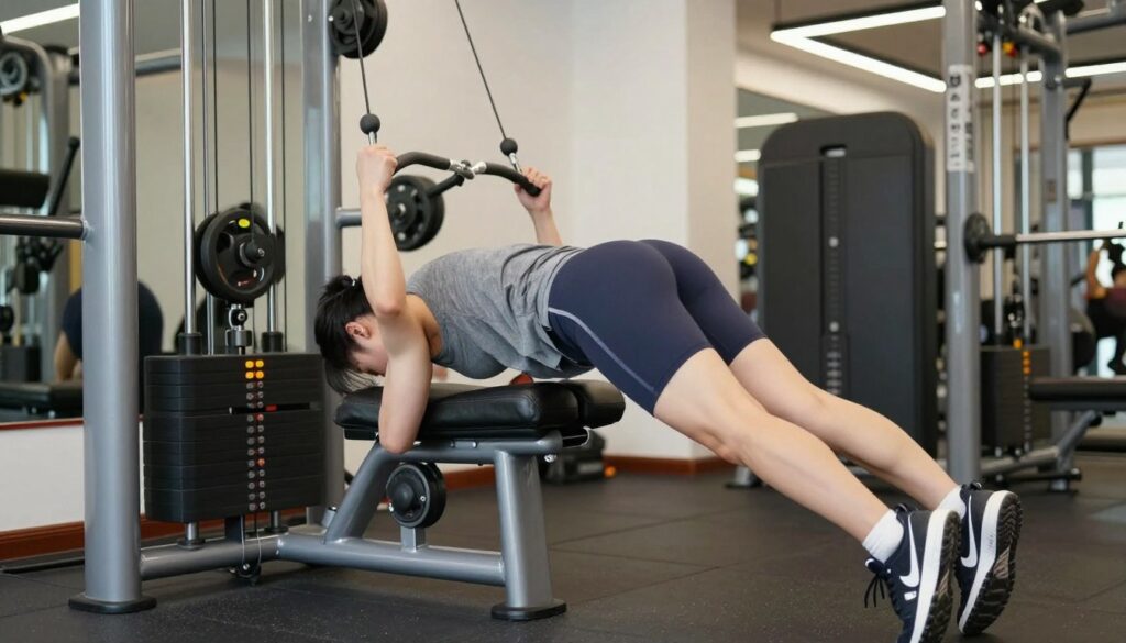 A well-lit gym interior, focusing on a cable machine designed for glute exercises. In the foreground, a fit individual wearing modest athletic clothing is positioned in the correct form for performing kickbacks on the cable machine, showing proper alignment and technique. The middle section of the image highlights the cable machine itself, with detailed pulleys and attachments, while emphasizing the weight stack clearly, indicating its adjustability. In the background, subtle hints of other gym equipment and a mirror reflect the gym ambiance. The lighting is bright and even, emphasizing a clean and motivating workout atmosphere. The overall mood is one of focus and determination, making it ideal for those looking to improve their glute training routine.