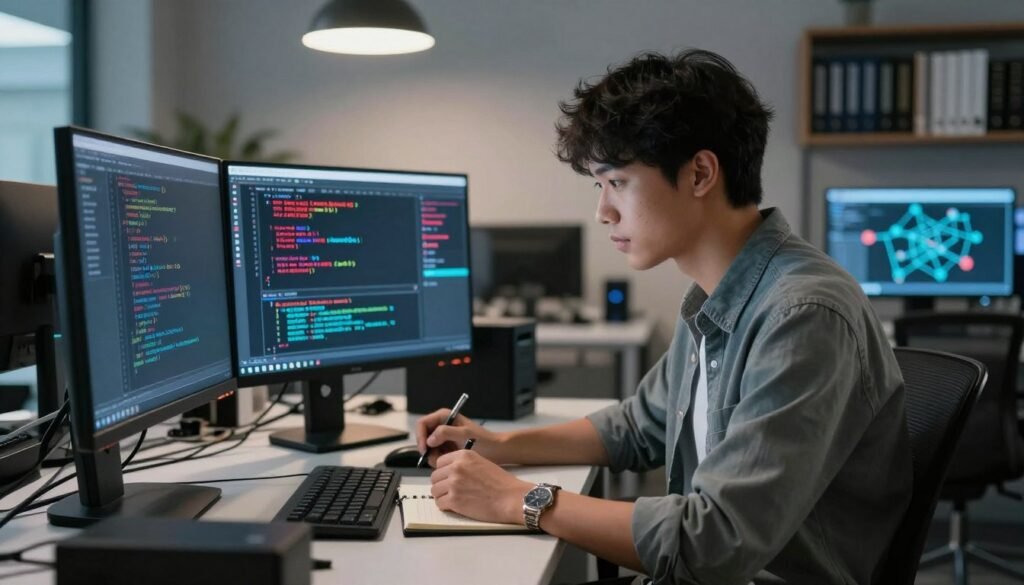 A digital cybersecurity specialist in a modern office setting, focused intently on a computer screen filled with code and SQL queries, symbolizing the detection of SQL injection vulnerabilities. In the foreground, the specialist, a young professional in smart casual attire, is taking notes, surrounded by high-tech equipment like monitors and network diagrams. The middle ground showcases a large monitor displaying a graphical representation of vulnerabilities, highlighted in red, symbolizing threats. In the background, the office features soft ambient lighting, sleek furniture, and a bookshelf filled with technical manuals, conveying a professional yet innovative atmosphere. The overall feel is serious and analytical, emphasizing the importance of vigilance in cybersecurity. The camera angle is slightly tilted downward, drawing attention to the specialist's actions. A digital cybersecurity specialist in a modern office setting, focused intently on a computer screen filled with code and SQL queries, symbolizing the detection of SQL injection vulnerabilities. In the foreground, the specialist, a young professional in smart casual attire, is taking notes, surrounded by high-tech equipment like monitors and network diagrams. The middle ground showcases a large monitor displaying a graphical representation of vulnerabilities, highlighted in red, symbolizing threats. In the background, the office features soft ambient lighting, sleek furniture, and a bookshelf filled with technical manuals, conveying a professional yet innovative atmosphere. The overall feel is serious and analytical, emphasizing the importance of vigilance in cybersecurity. The camera angle is slightly tilted downward, drawing attention to the specialist's actions.