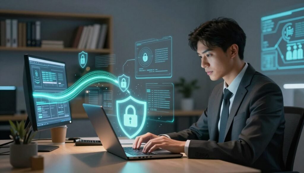 A digital illustration depicting the critical role of user input in database security. In the foreground, a focused IT professional in business attire is seated at a sleek desk, typing on a laptop, illuminated by soft, warm lighting. The middle layer features a visualization of data flow, represented by glowing binary code streams and shield icons, symbolizing security. In the background, a modern office environment can be seen, with shelves of technical books and data security infographics on the walls. The atmosphere conveys a sense of urgency and professionalism, with subtle hints of blue and green lighting to suggest technology and trust. The composition should evoke a clear understanding of the importance of user input in securing databases, without any text or distractions. A digital illustration depicting the critical role of user input in database security. In the foreground, a focused IT professional in business attire is seated at a sleek desk, typing on a laptop, illuminated by soft, warm lighting. The middle layer features a visualization of data flow, represented by glowing binary code streams and shield icons, symbolizing security. In the background, a modern office environment can be seen, with shelves of technical books and data security infographics on the walls. The atmosphere conveys a sense of urgency and professionalism, with subtle hints of blue and green lighting to suggest technology and trust. The composition should evoke a clear understanding of the importance of user input in securing databases, without any text or distractions.