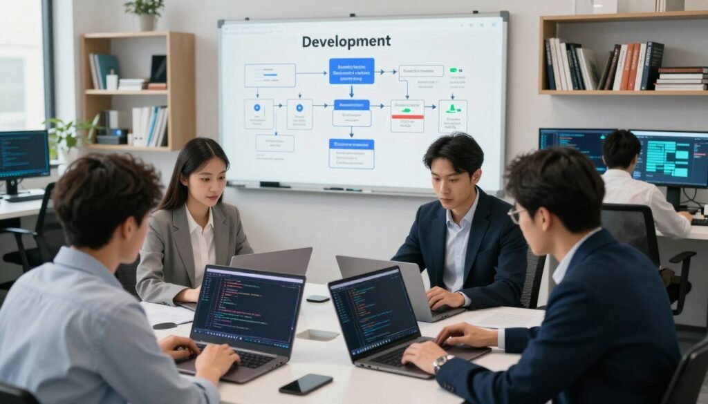 A modern software development office environment, focusing on the integration of security testing into development workflows. In the foreground, a diverse group of three professionals, two men and one woman, dressed in smart business attire, are collaboratively reviewing code on laptops with security testing tools on the screen. In the middle ground, a large digital whiteboard displays diagrams illustrating the development workflow, security checkpoints, and testing stages. The background features shelves with tech books and monitors displaying data visualizations. The lighting is bright and conducive to productivity, creating an atmosphere of innovation and collaboration. The composition is captured from a slightly elevated angle to give a clear view of both the team and the work environment. A modern software development office environment, focusing on the integration of security testing into development workflows. In the foreground, a diverse group of three professionals, two men and one woman, dressed in smart business attire, are collaboratively reviewing code on laptops with security testing tools on the screen. In the middle ground, a large digital whiteboard displays diagrams illustrating the development workflow, security checkpoints, and testing stages. The background features shelves with tech books and monitors displaying data visualizations. The lighting is bright and conducive to productivity, creating an atmosphere of innovation and collaboration. The composition is captured from a slightly elevated angle to give a clear view of both the team and the work environment.