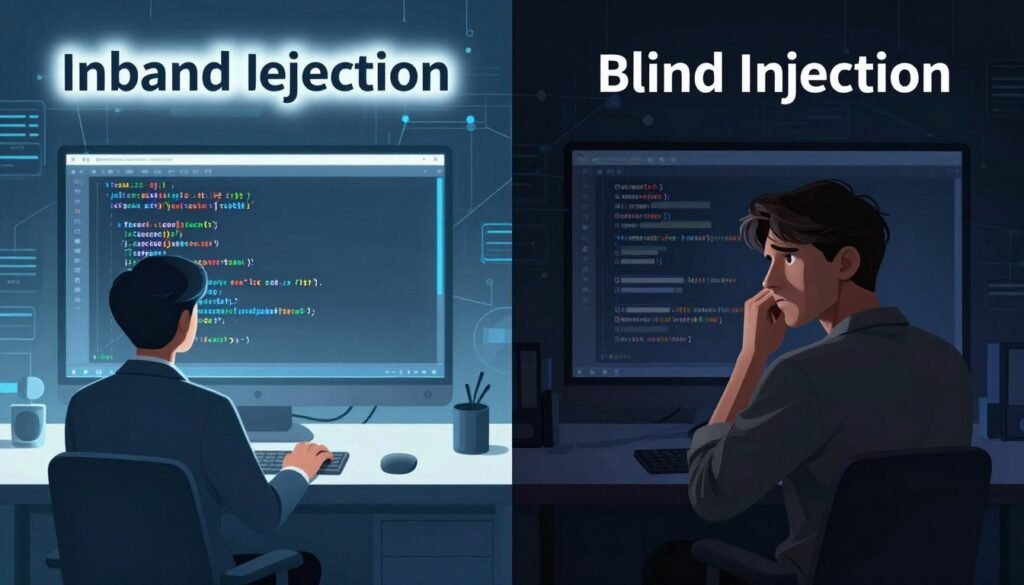 A split-screen illustration depicting "Inband Injection" on one side and "Blind Injection" on the other. On the left, show a person in professional business attire analyzing code on a computer screen, with highlighted SQL queries indicating successful data retrieval, surrounded by a bright, focused light to convey clarity and transparency. On the right, display a person in modest casual clothing looking puzzled, observing a darkened screen with masked data responses, emphasizing uncertainty and complexity, illuminated by a dim, moody light. The background should include elements like databases and network diagrams to indicate the technical environment. The overall atmosphere should balance professionalism with the intrigue of cybersecurity challenges. A split-screen illustration depicting "Inband Injection" on one side and "Blind Injection" on the other. On the left, show a person in professional business attire analyzing code on a computer screen, with highlighted SQL queries indicating successful data retrieval, surrounded by a bright, focused light to convey clarity and transparency. On the right, display a person in modest casual clothing looking puzzled, observing a darkened screen with masked data responses, emphasizing uncertainty and complexity, illuminated by a dim, moody light. The background should include elements like databases and network diagrams to indicate the technical environment. The overall atmosphere should balance professionalism with the intrigue of cybersecurity challenges.